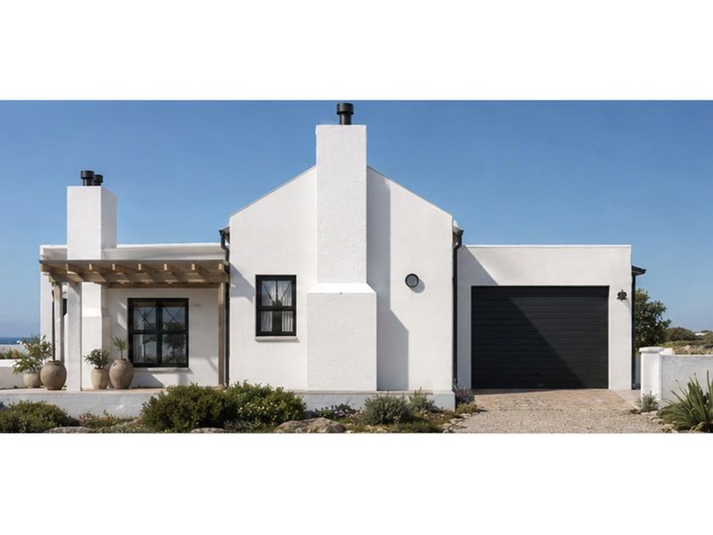 A modern, well-maintained single-story home featuring a white facade, black window frames, a prominent chimney, and an integrated garage with a paved driveway.