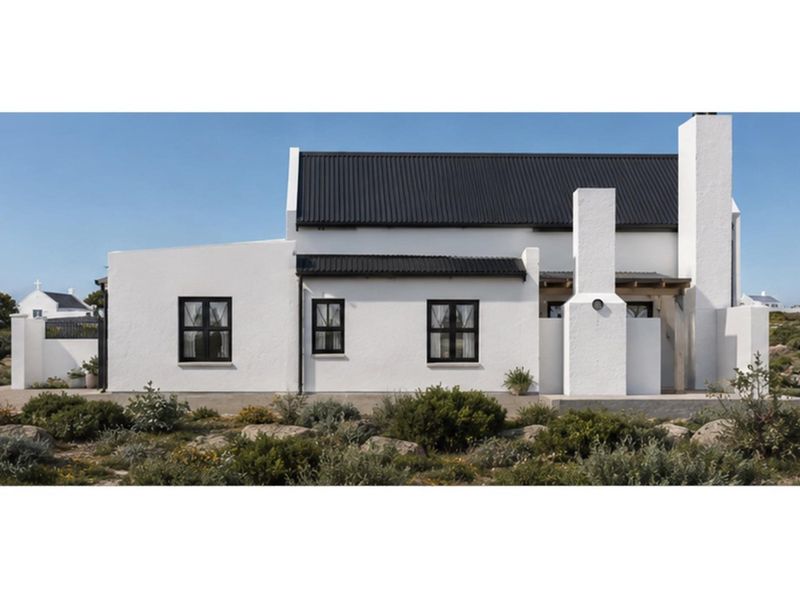 A well-maintained white cottage with a black corrugated metal roof, black-framed windows, and a prominent masonry chimney set against a natural landscape.