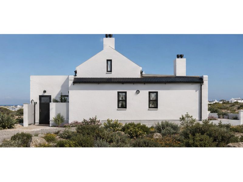 A well-maintained white cottage-style house exterior featuring a dark metal roof, contrasting window frames, and a landscaped garden setting.