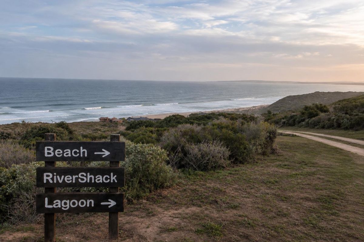 Scenic coastal view overlooking the ocean and surrounding landscape, featuring a directional signpost and a dirt access road leading towards the beach.