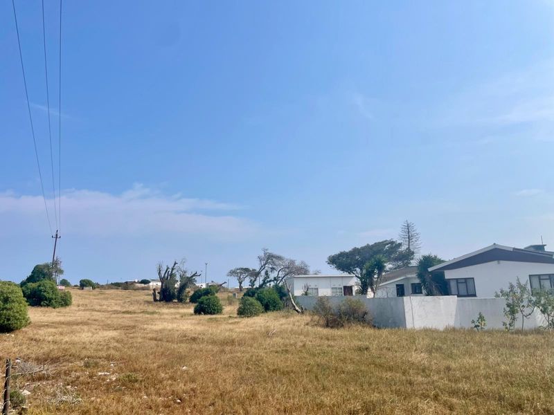 A view of a vacant residential plot featuring dry grass, boundary walls, and adjacent structures under a clear blue sky.