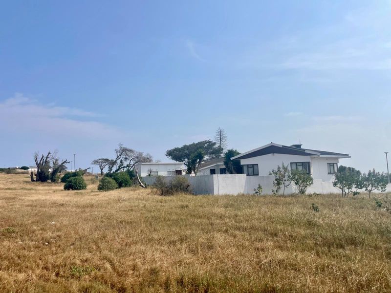 A view of the rear elevation of a residential property featuring a boundary wall and surrounding dry, unmaintained land.