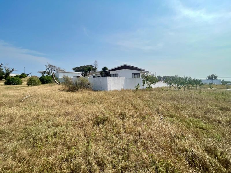 A view of the rear of a residential property featuring a white boundary wall and a pitched roof structure set within a large vacant plot.