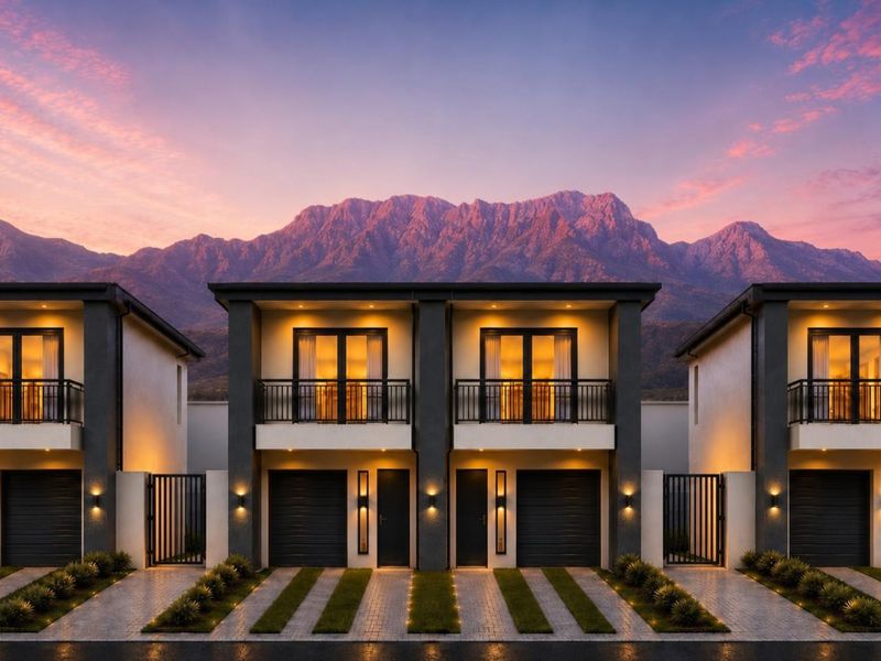 Modern townhouse facade featuring double garages, upper-level balconies, and paved driveways set against a scenic mountain backdrop at sunset.