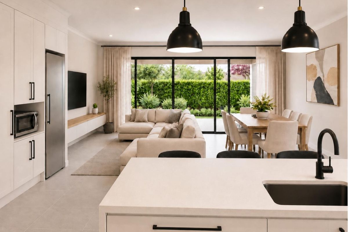 Modern open-plan living area featuring a sleek kitchen with island, dining space, and seamless flow to the outdoor patio through large sliding glass doors.