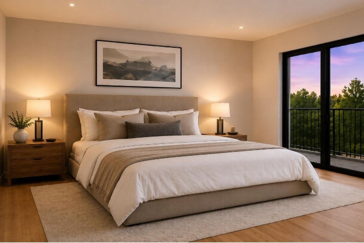 A well-appointed bedroom featuring hardwood flooring, recessed lighting, and a sliding glass door providing access to a private balcony.