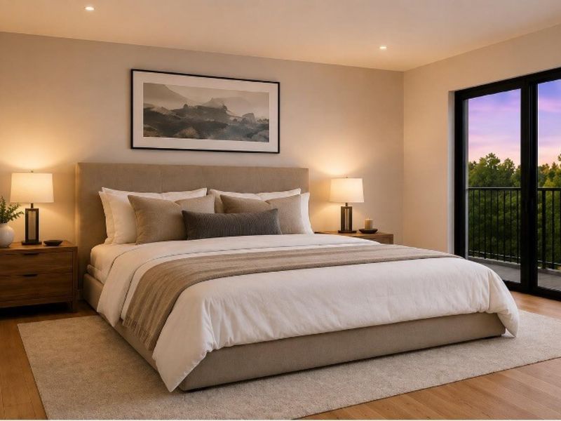 A well-appointed bedroom featuring hardwood flooring, recessed lighting, and a sliding glass door providing access to a private balcony.