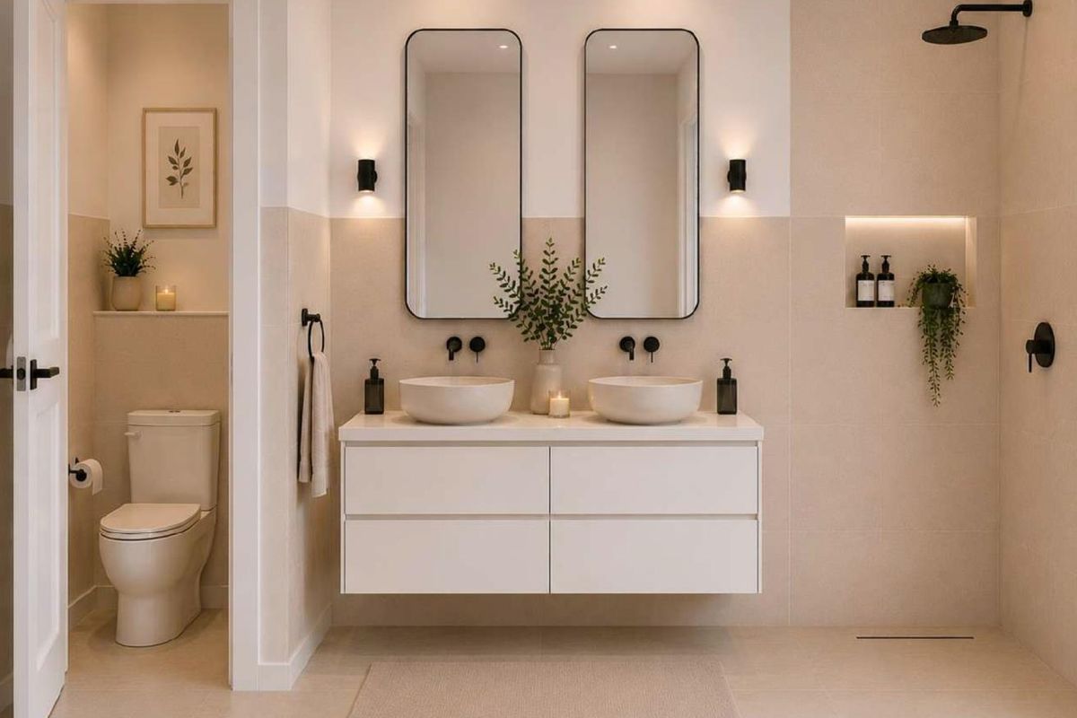 Modern bathroom featuring a double vanity with vessel sinks, wall-mounted faucets, a walk-in shower with a recessed niche, and a separate toilet area.