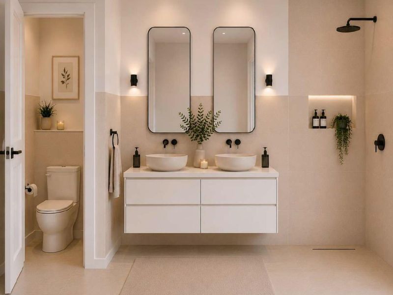 Modern bathroom featuring a double vanity with vessel sinks, wall-mounted faucets, a walk-in shower with a recessed niche, and a separate toilet area.