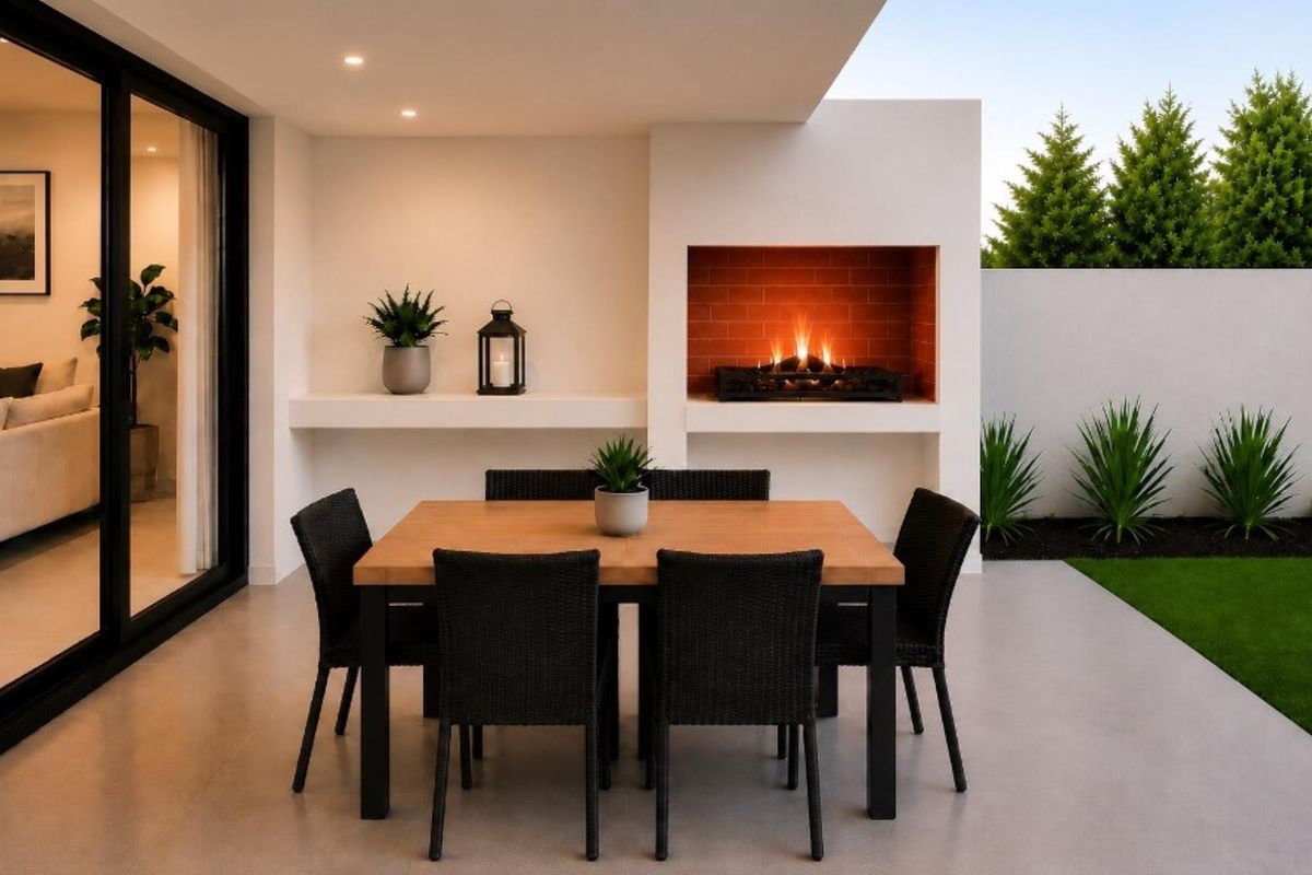A modern covered patio featuring a built-in fireplace, recessed lighting, and seamless access to the interior through large sliding glass doors.