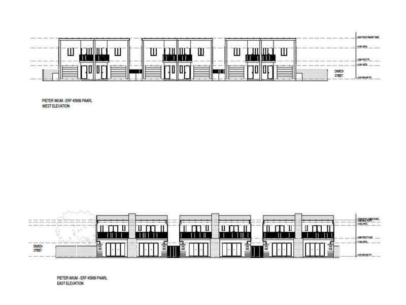 Architectural elevation drawings showing the West and East facades of the proposed townhouse development.
