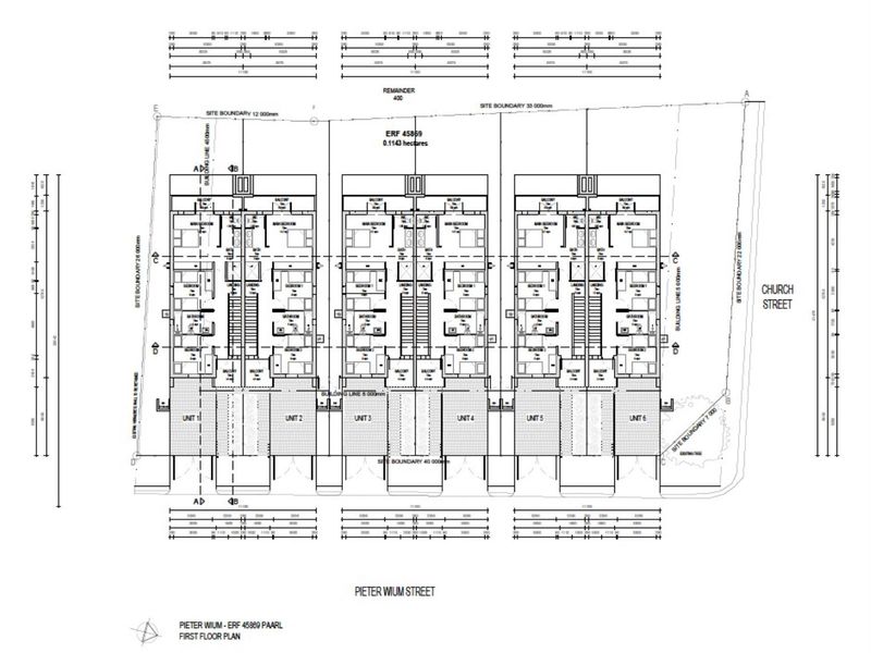 Architectural first floor plan showing the layout of six townhouse units with bedrooms, bathrooms, and balconies.