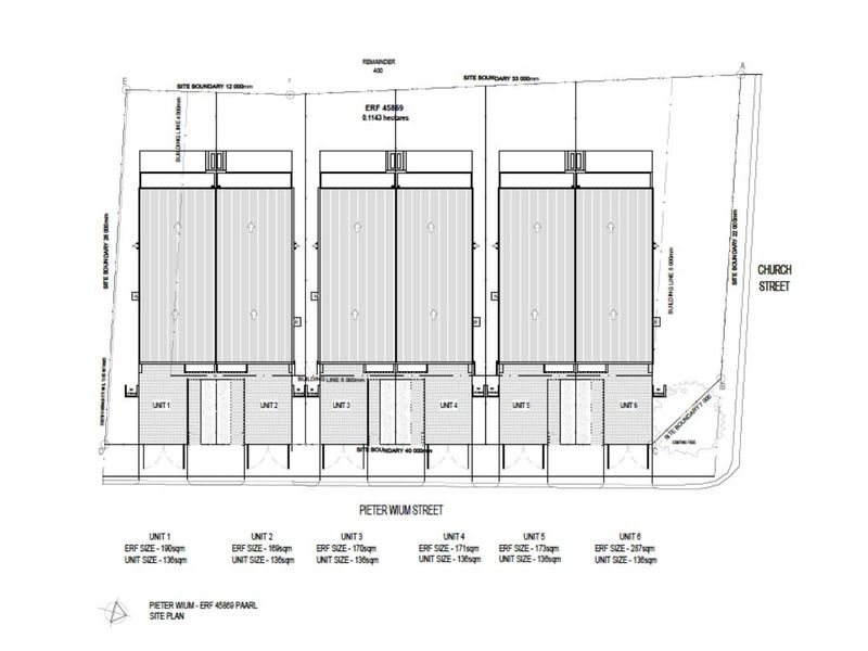 A detailed site plan showing the layout and erf sizes for six townhouse units located at the corner of Church and Pieter Wium Street.