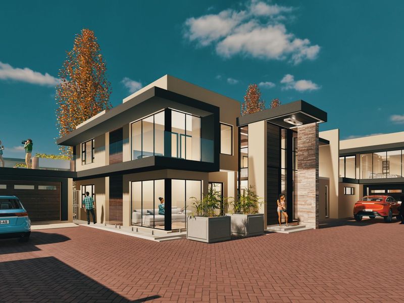 A modern architectural house design featuring a paved driveway, stone cladding accents, and extensive glass facades with double garage access.