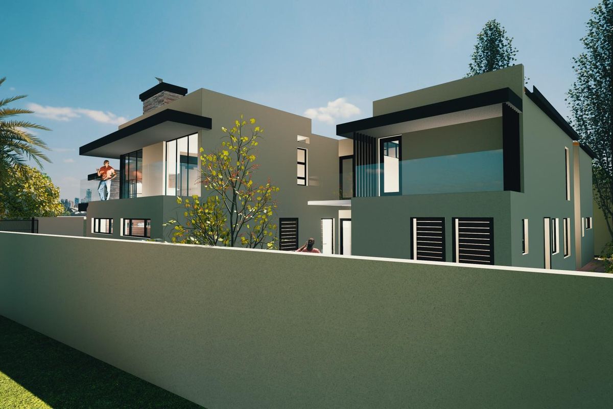 A modern architectural rendering of a contemporary two-story house featuring clean lines, glass balustrades, and a private perimeter wall.