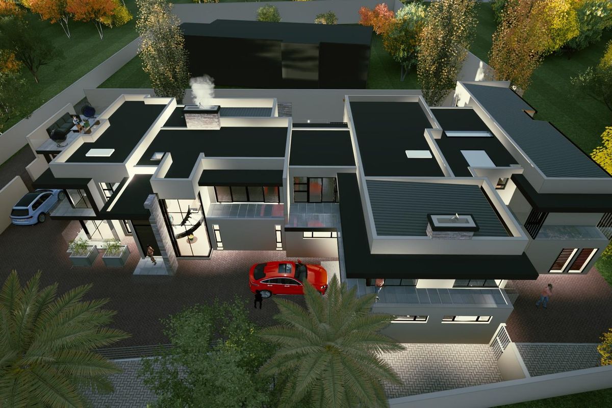 An aerial perspective of a modern architectural house design featuring a flat roof, paved driveway, and landscaped grounds.