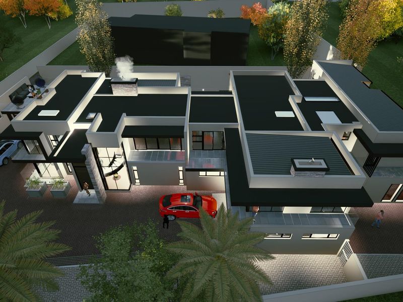 An aerial perspective of a modern architectural house design featuring a flat roof, paved driveway, and landscaped grounds.