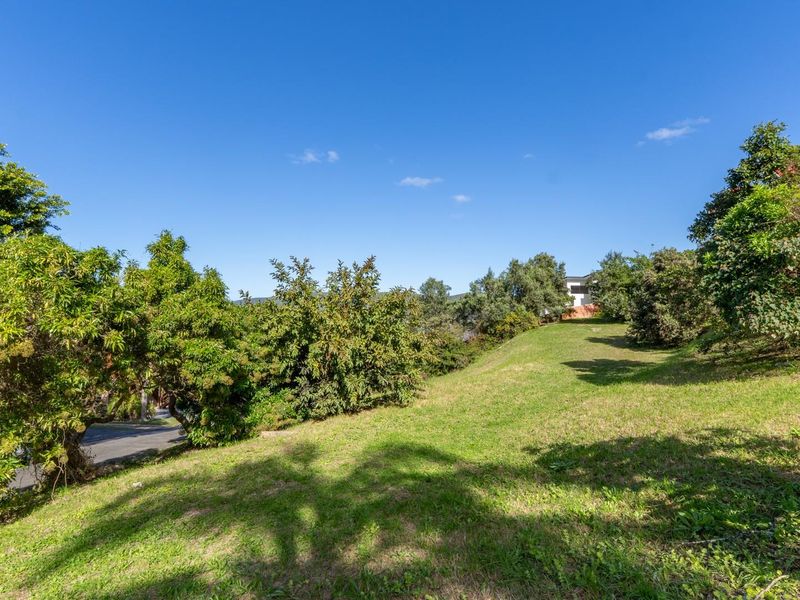 A sloped residential plot featuring established trees and a grass lawn, offering a natural setting for potential development.