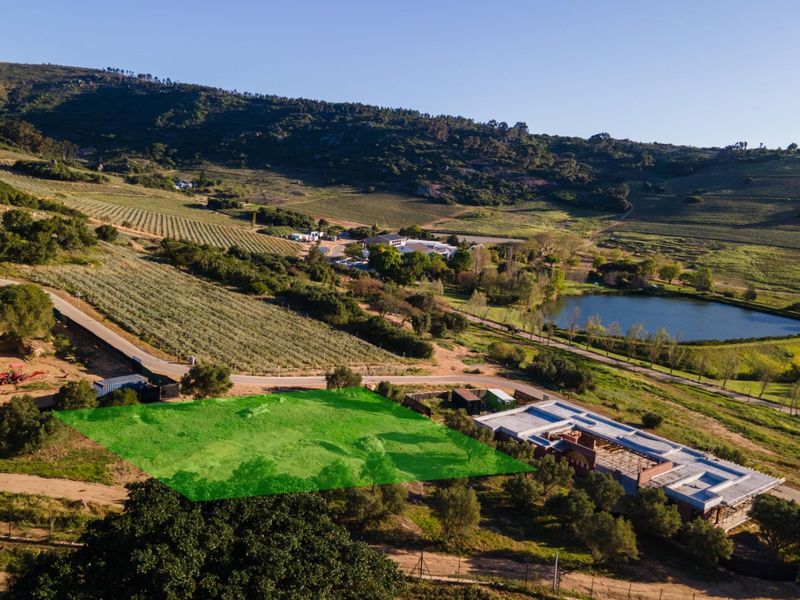 Aerial view of a vacant residential plot highlighted in green, situated within a scenic landscape featuring vineyards and a nearby lake.