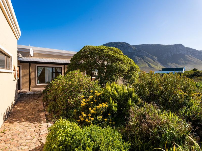 A well-maintained rear exterior view featuring a paved walkway, covered patio area, and established garden with scenic mountain views.