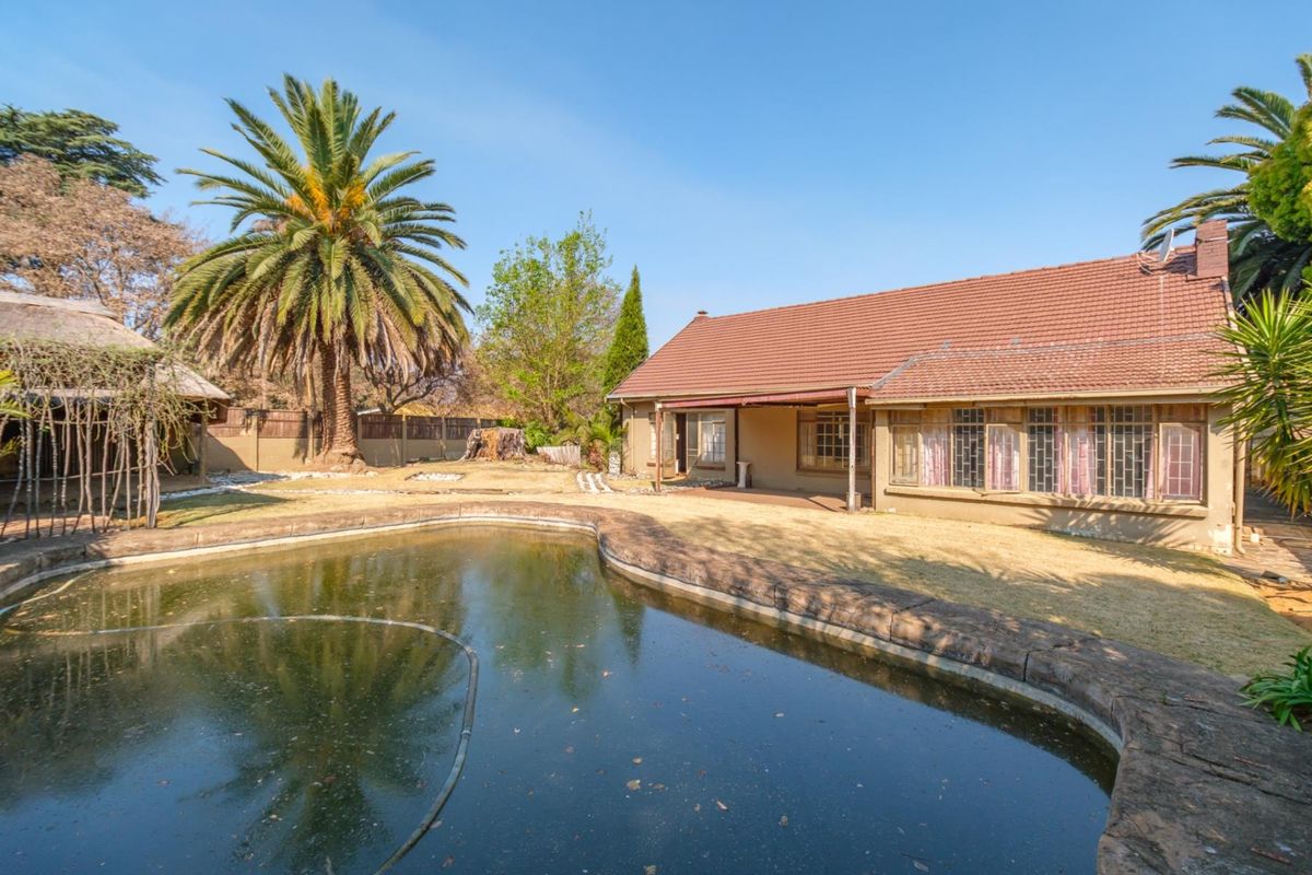 Rear view of the house featuring a swimming pool, covered patio area, and established garden with mature palm trees.