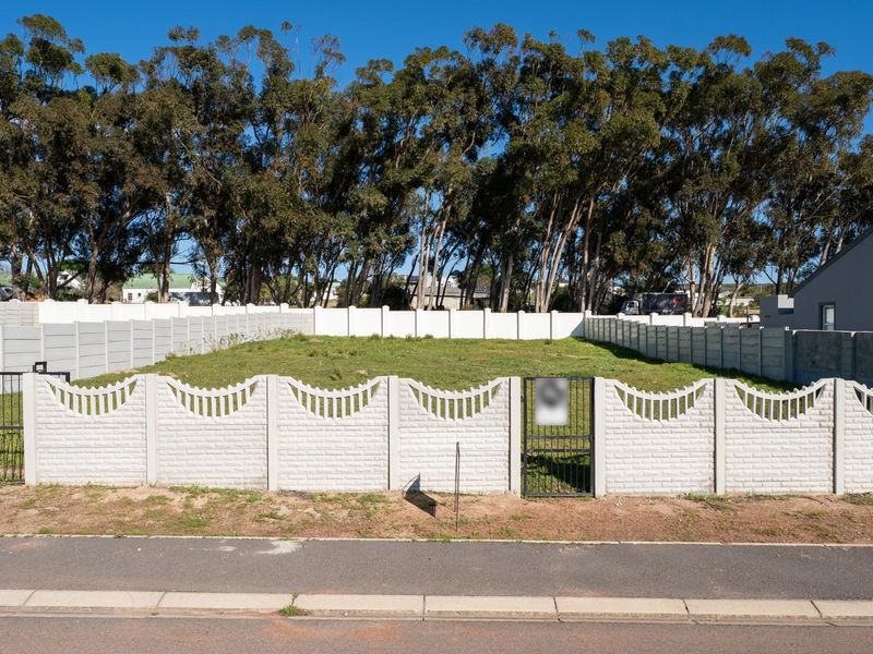 A vacant residential plot enclosed by a precast concrete boundary wall with a metal pedestrian gate, featuring established trees along the rear boundary.