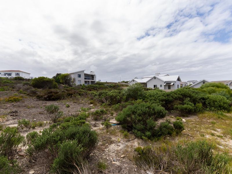 A view of a vacant residential plot featuring natural fynbos vegetation and sandy terrain, with neighbouring residential properties visible in the background.