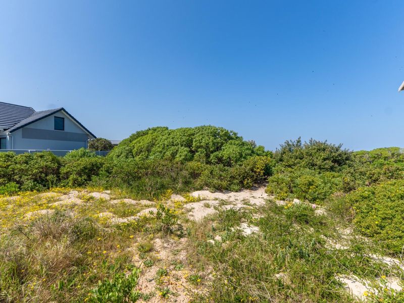 A view of a vacant residential plot featuring natural coastal vegetation and sandy terrain, situated between existing residential properties.