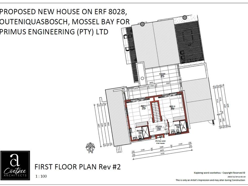 Architectural first floor plan for a proposed new house in Outeniquasbosch, Mossel Bay, detailing room layouts and dimensions.