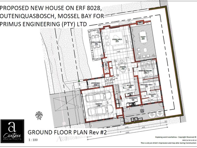 Architectural ground floor plan for a proposed new house in Outeniquasbosch, Mossel Bay, detailing the layout of living areas, bedrooms, and garage.