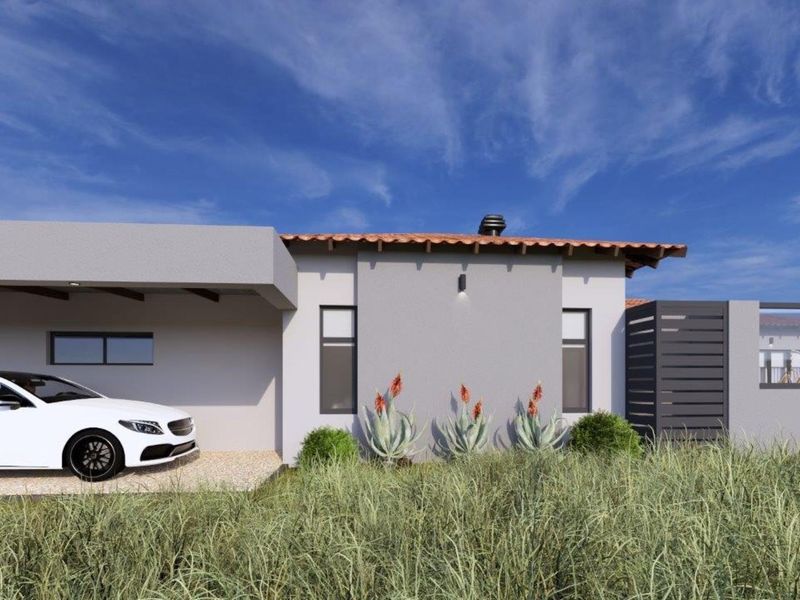 Modern front facade featuring a clean rendered finish, integrated carport, and contemporary architectural detailing under a traditional tiled roof.