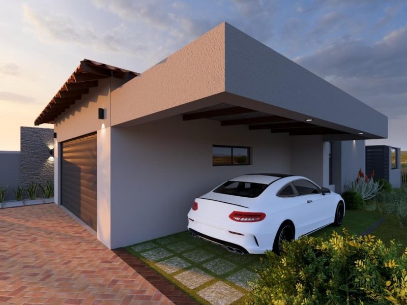 Modern residential exterior featuring a garage, covered carport, and brick-paved driveway with contemporary architectural finishes.