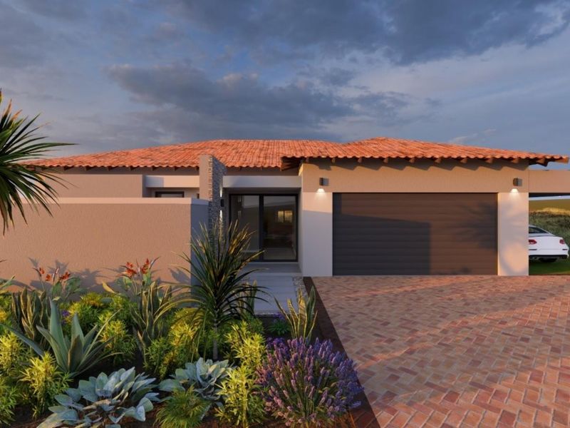 Modern single-story residential facade featuring a terracotta tiled roof, paved driveway, and integrated garage with stone accent detailing.