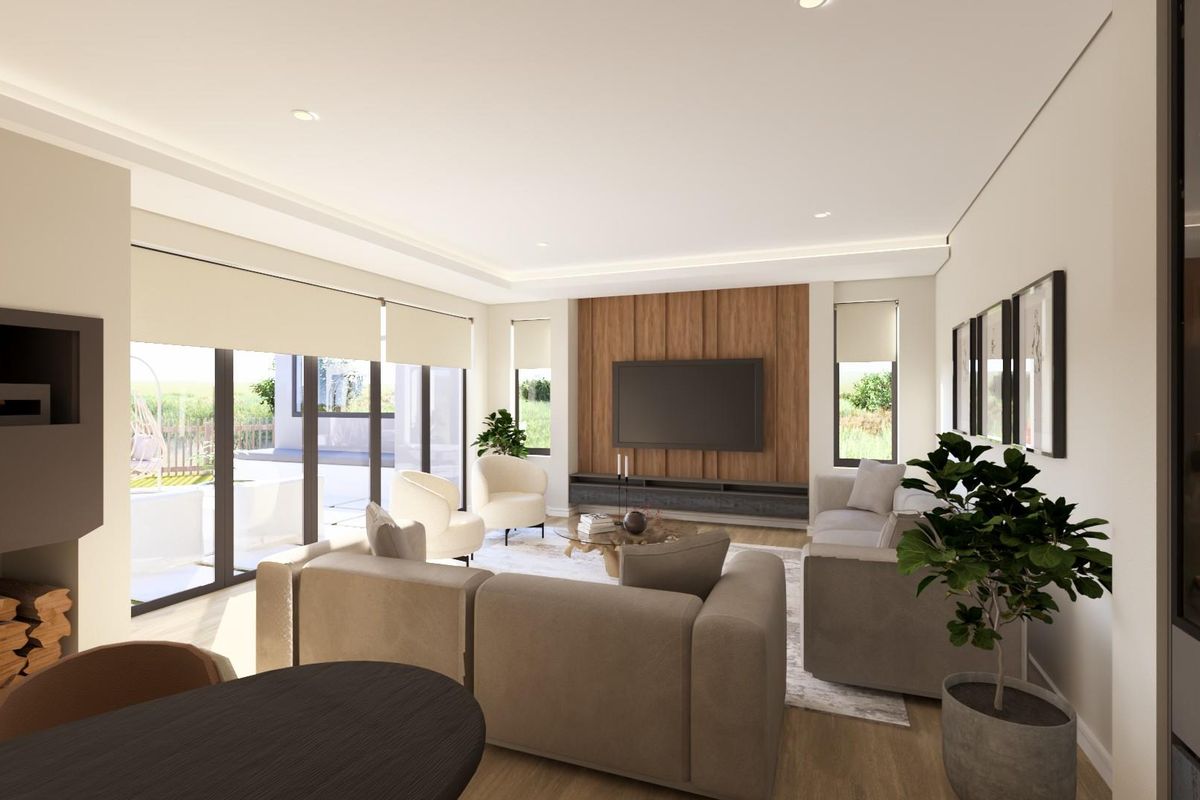 Modern living room featuring a wood panel feature wall, built-in fireplace, and large sliding glass doors providing access to the outdoor area.