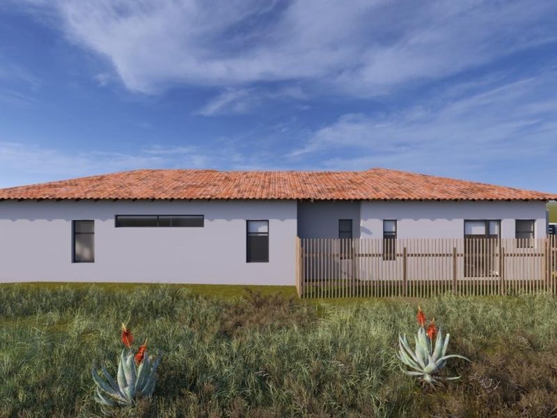 A rear view of a modern single-story house featuring a terracotta tiled roof and timber slat fencing set against a natural landscape.