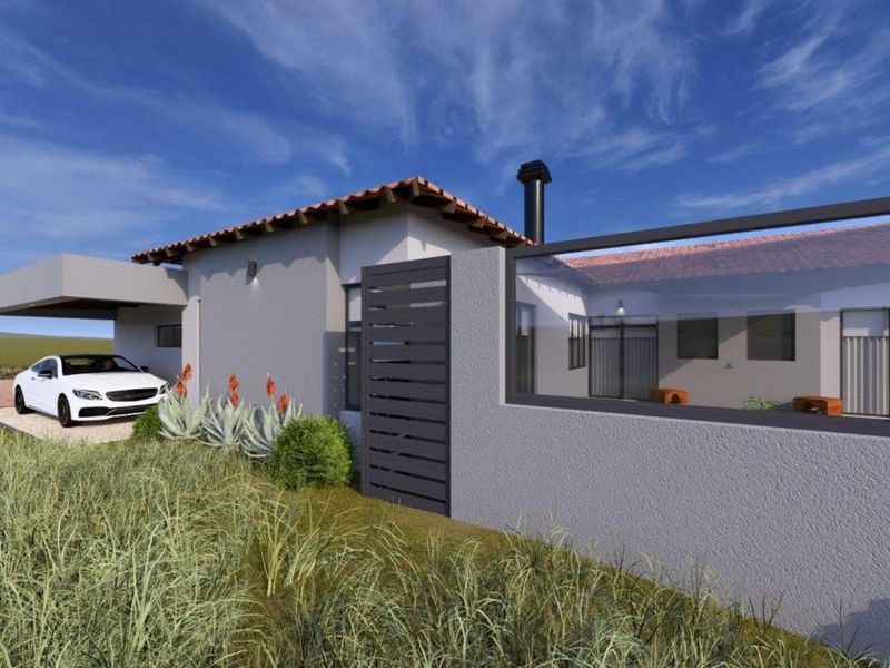 A modern architectural rendering of a house exterior featuring a tiled roof, carport, and clean boundary wall design.