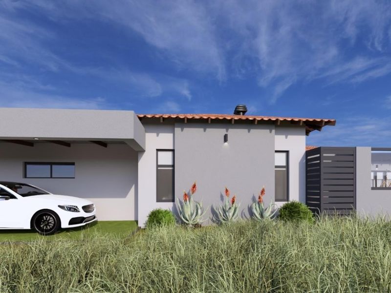 A modern front facade featuring a carport, clean rendered walls, terracotta roof tiles, and a contemporary slatted privacy screen.