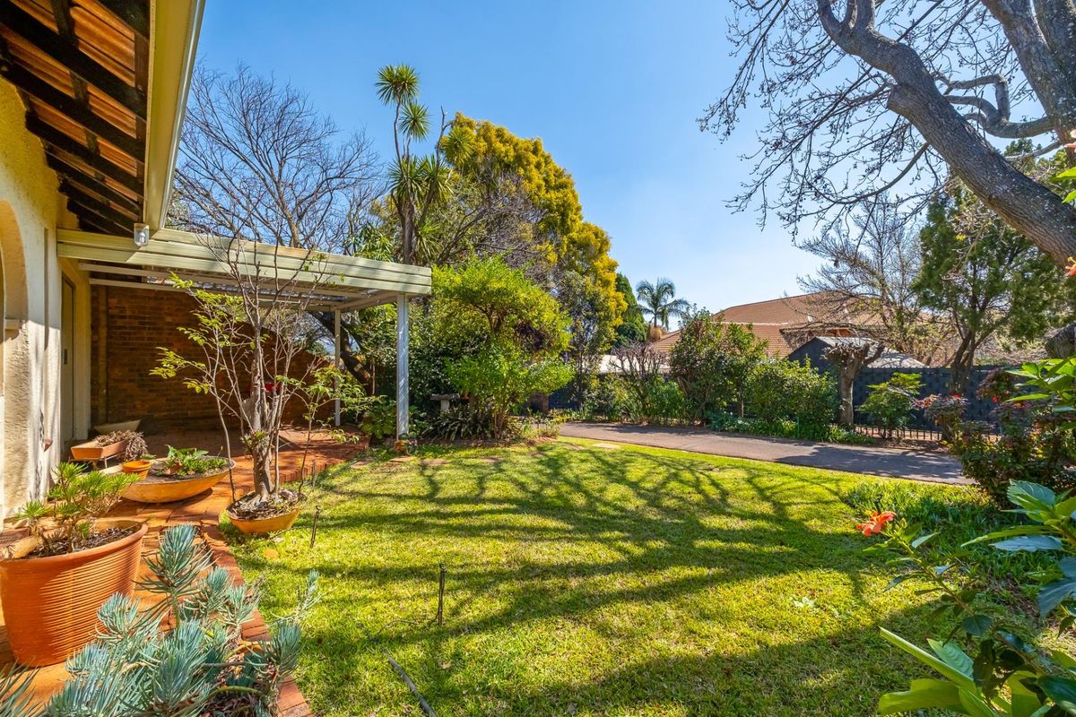 A well-maintained rear garden featuring a covered patio area with brick paving, established trees, and a lush lawn.