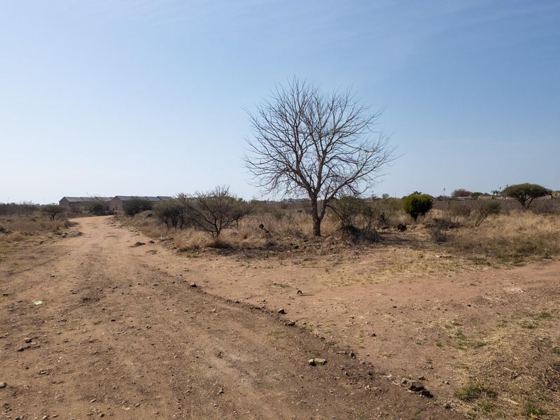 A view of the vacant commercial land featuring an unpaved access road and natural vegetation under a clear sky.