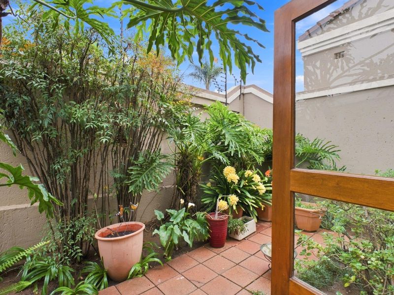 A private rear courtyard featuring terracotta paving, established garden beds, and a secure boundary wall, accessible via a timber-framed door.