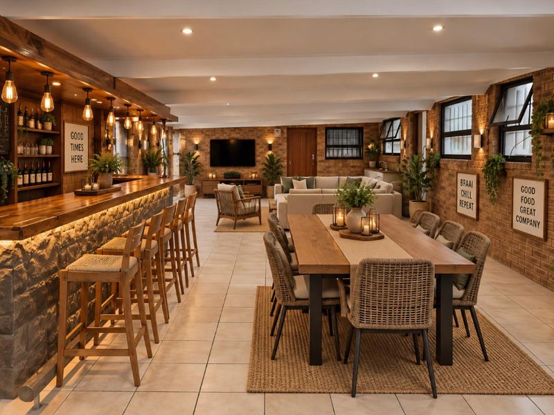 Spacious open-plan entertainment area featuring a custom built-in bar with stone detailing, exposed brick walls, and integrated lighting, perfect for hosting and social gatherings.