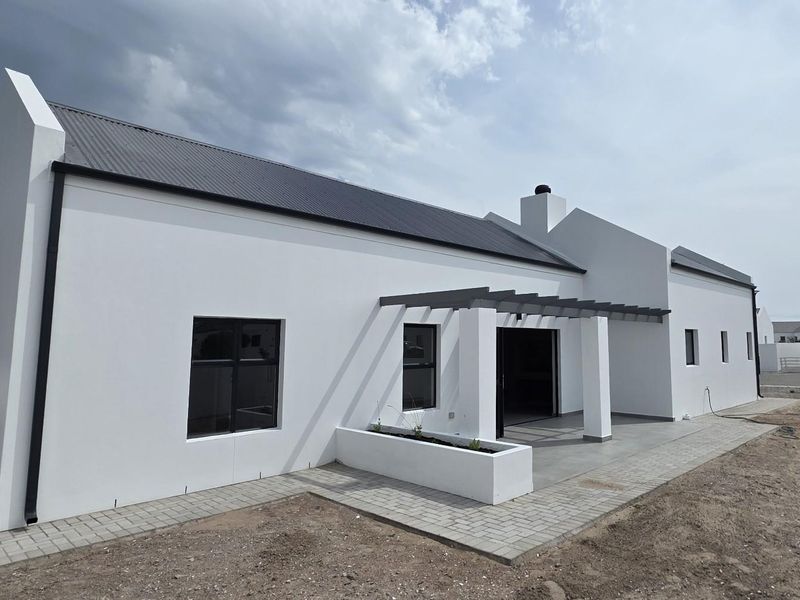 Modern rear exterior view featuring a white facade, corrugated metal roof, paved patio area with a pergola, and a built-in planter box.