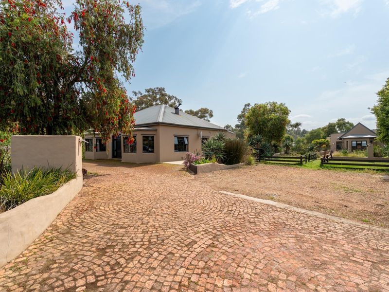 A view of the front exterior featuring a cobblestone driveway, established garden, and a single-story house with a metal roof.