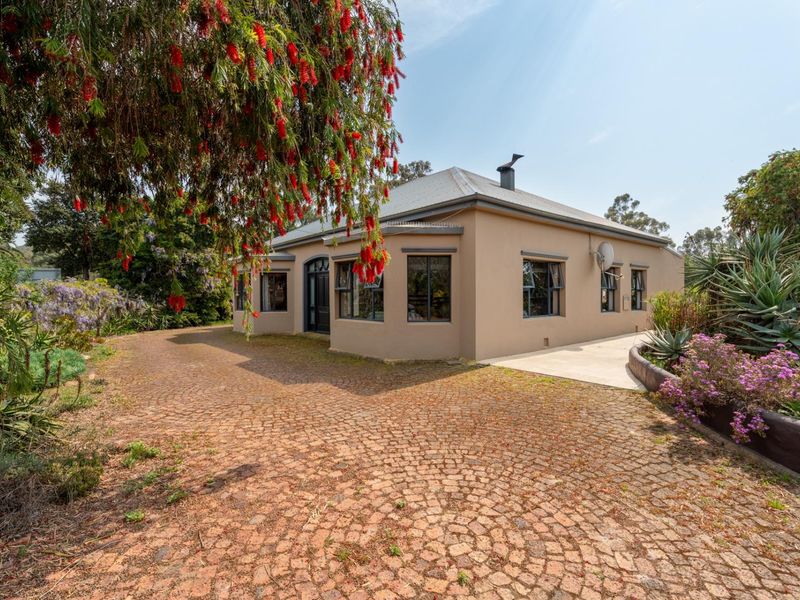 Front view of a single-story house featuring a cobblestone driveway, metal roof, and established garden surroundings.