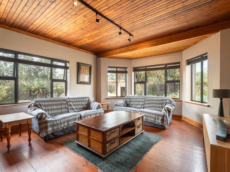 A bright living room featuring warm timber tongue and groove ceilings, polished timber flooring, and large windows providing ample natural light.