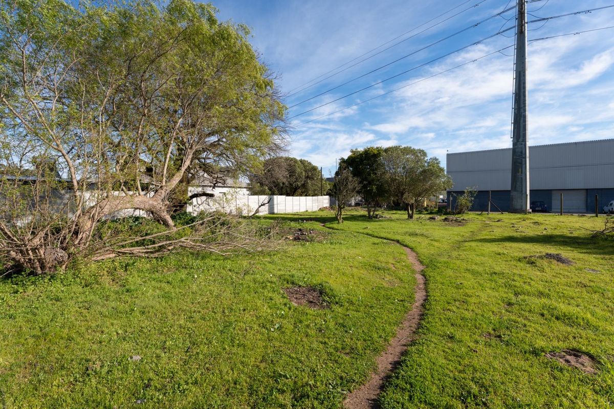 A vacant residential plot featuring grassy terrain, mature trees, and perimeter walling, situated near industrial infrastructure.