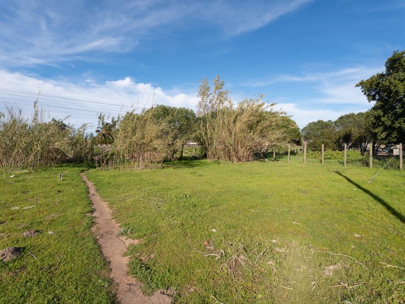 A view of a vacant residential plot featuring a grass lawn, natural vegetation, and perimeter wire mesh fencing.