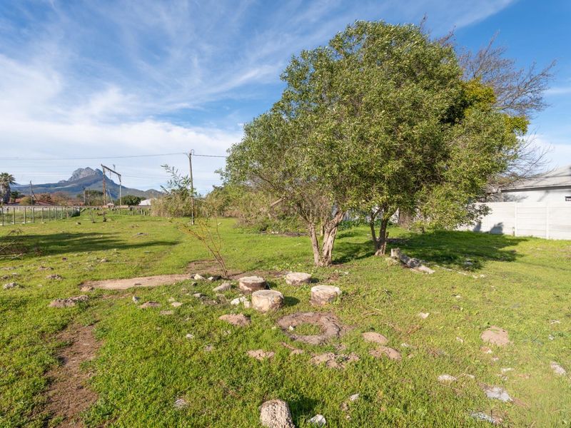 A vacant residential plot featuring established trees, grass lawn, and perimeter fencing with mountain views in the background.