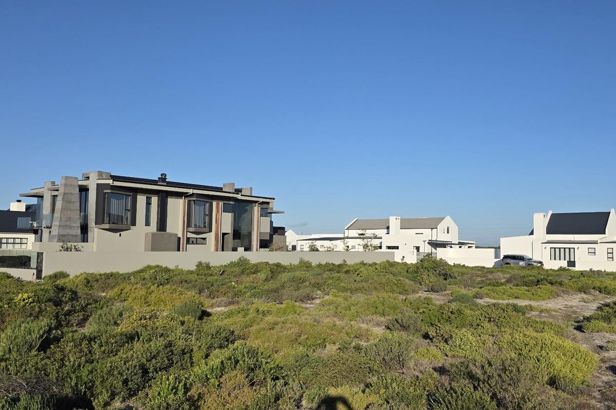 A view of modern residential properties situated in a coastal landscape with native vegetation and clear blue skies.
