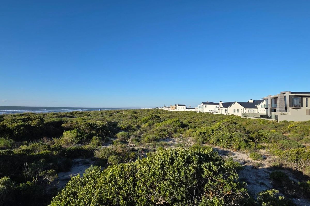 A scenic view of the coastal landscape featuring native vegetation, sandy terrain, and nearby residential properties along the shoreline.